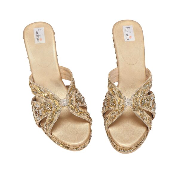 Gold Silk Floral Embroidered Wedges